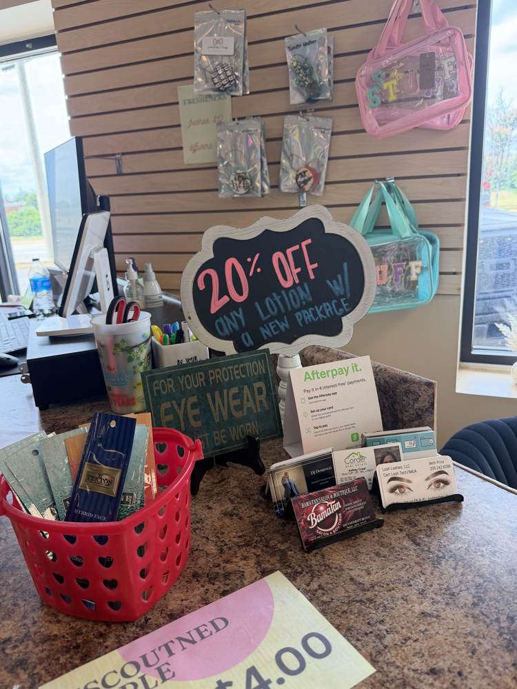 Front counter with lotion promotion and Afterpay signage