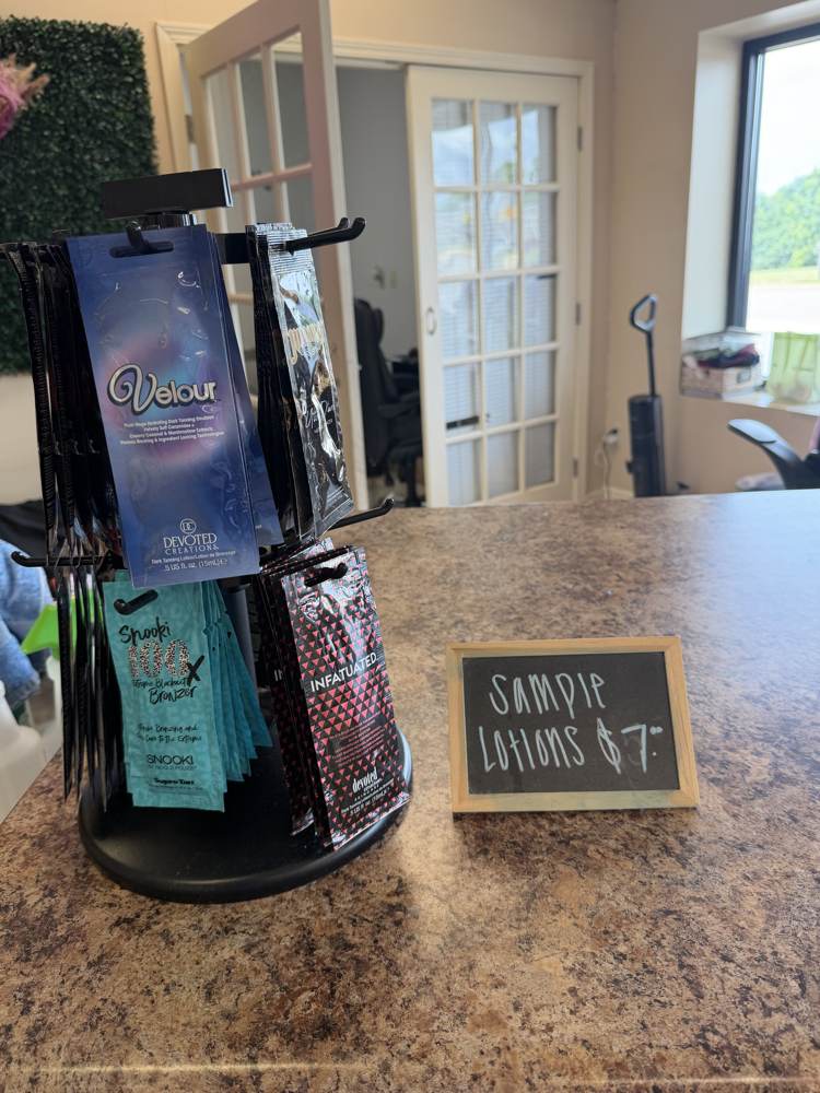 Tanning lotion sample display at Bama Tan Tuscaloosa