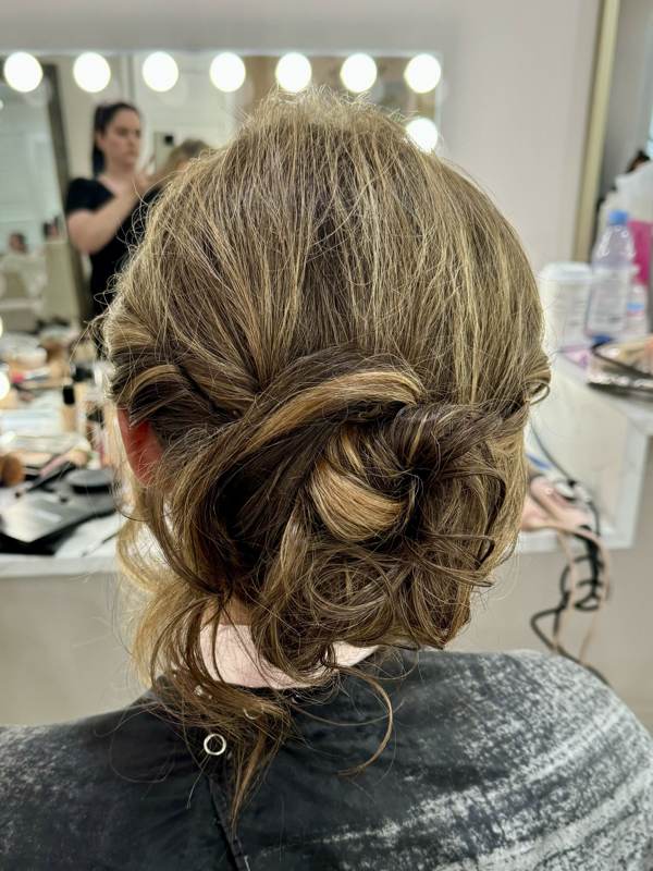 Braided updo with highlights styled at Bama Tan Salon in Tuscaloosa
